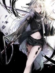 Rule 34 | 1girl, akebisousaku, animal ears, arknights, bare legs, black background, black coat, black shorts, coat, commentary, cowboy shot, dual wielding, grin, hair between eyes, hair ornament, hairclip, highres, holding, lappland (arknights), long hair, looking at viewer, material growth, midriff, navel, oripathy lesion (arknights), over shoulder, short shorts, shorts, silver hair, simple background, smile, solo, sword, tail, thighs, weapon, weapon over shoulder, white background, wolf ears, wolf tail, yellow eyes