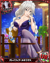 Rule 34 | 1girl, bare shoulders, blue bow, bow, braid, breasts, card (medium), chess piece, cleavage, dress, female focus, grayfia lucifuge, grey eyes, grey hair, hair bow, high school dxd, large breasts, long hair, looking at viewer, maid headdress, matching hair/eyes, mature female, official art, purple dress, queen (chess), red lips, sitting, smile, solo, twin braids