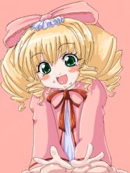 Rule 34 | 00s, 1girl, :d, blonde hair, blush, blush stickers, bow, drill hair, green eyes, hair bow, hinaichigo, long hair, looking at viewer, open mouth, pink background, pink bow, rozen maiden, simple background, smile, solo