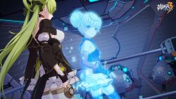 Rule 34 | 2girls, ai-chan (chrono navi) (honkai impact), ai-chan (honkai impact), bare shoulders, black gloves, breasts, chinese commentary, choker, fingerless gloves, gloves, green hair, green ribbon, hair ribbon, highres, honkai (series), honkai impact 3rd, indoors, large breasts, long hair, long sleeves, looking at another, multiple girls, official art, official wallpaper, parted lips, ribbon, short hair, small breasts, standing, thighhighs, very long hair, white thighhighs
