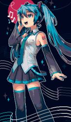 Rule 34 | 1girl, :d, bare shoulders, beamed eighth notes, belt, black skirt, black sleeves, black thighhighs, blue eyes, blue hair, blue necktie, collared shirt, detached sleeves, eighth note, feet out of frame, hair between eyes, hand on own head, hatsune miku, highres, long hair, long sleeves, looking ahead, loose belt, makorie, miniskirt, music, musical note, necktie, number tattoo, open mouth, pleated skirt, shirt, sidelocks, singing, skirt, sleeveless, sleeveless shirt, smile, solo, staff (music), tattoo, teeth, thighhighs, tie clip, twintails, upper teeth only, very long hair, vocaloid, white shirt, zettai ryouiki