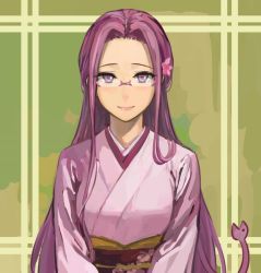 Rule 34 | 1girl, b suke, fate/stay night, fate (series), flower, glasses, hair flower, hair ornament, japanese clothes, kimono, long hair, looking at viewer, medusa (fate), medusa (rider) (fate), purple eyes, purple hair, solo, square pupils, very long hair