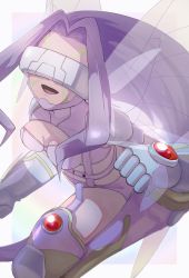 Rule 34 | 1girl, :d, belt, bikini, boots, breasts, butterfly hair ornament, butterfly wings, cleavage, clenched hands, commentary request, covered eyes, digimon, digimon (creature), digimon frontier, facial mark, fairimon, garter straps, gloves, grey gloves, hair ornament, hairband, highres, insect wings, long hair, looking at viewer, medium breasts, midriff, open mouth, parted bangs, purple belt, purple bikini, purple footwear, purple hair, purple hairband, revealing clothes, shoulder pads, smile, solo, swimsuit, takeda conomi, thigh boots, thighhighs, very long hair, visor, white background, wings
