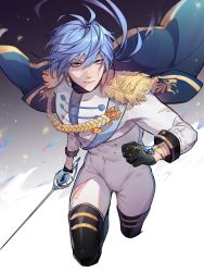 Rule 34 | 1boy, abs, aiguillette, black footwear, black gloves, blue eyes, blue hair, bodysuit, boots, covered navel, edmond (nu carnival), epaulettes, gem, gloves, half gloves, highres, holding, holding sword, holding weapon, knight, long hair, long sleeves, looking at viewer, male focus, nu carnival, rapier, sword, thigh boots, torn bodysuit, torn clothes, warsong zhange, weapon, white bodysuit
