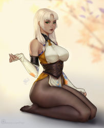 Rule 34 | alice frelia, bad source, black pantyhose, breasts, clothes, feet, full body, green eyes, highres, large breasts, looking at viewer, pantyhose, seiza, sitting, solo, white hair, yong jie wujian