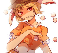 Rule 34 | 1girl, animal ears, backlighting, blonde hair, crop top, dango, flat cap, floppy ears, food, grin, hat, highres, legacy of lunatic kingdom, looking at viewer, midriff, mouth hold, navel, orange shirt, puffy short sleeves, puffy sleeves, rabbit ears, red eyes, ringo (touhou), shirt, short sleeves, skewer, skirt, smile, solo, touhou, wagashi, yetworldview kaze