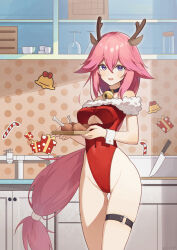 Rule 34 | 1girl, absurdres, alternate costume, animal ears, antlers, bare legs, bare shoulders, bell, breasts, covered navel, food, genshin impact, gk guoke, hair between eyes, highres, holding, horns, indoors, jingle bell, kitchen, leotard, long hair, looking at viewer, meat, medium breasts, neck bell, open mouth, pink hair, purple eyes, red leotard, solo, standing, thigh strap, thighs, very long hair, yae miko
