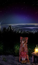 Rule 34 | 1girl, ankle boots, blush, boots, bow, brown eyes, brown hair, cape, chair, crying, crying with eyes open, dress, grass, hair between eyes, hair bow, hair ribbon, hair tubes, hakurei reimu, highres, japanese clothes, lamp, lantern, miko, night, night sky, red dress, red ribbon, ribbon, road, short hair, sitting, sky, solo, star (sky), starry sky, table, tearing up, tears, teikoku gensui, touhou