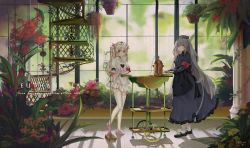 Rule 34 | 2girls, absurdres, armband, artist name, black dress, black footwear, cart, dated, dress, english text, flower, frills, greenhouse, grey hair, hanging plant, hat, heart, highres, indie virtual youtuber, indoors, intravenous drip, long hair, long sleeves, looking at viewer, minai karte, multiple girls, natori sana, nurse cap, pink footwear, plant, red eyes, sana channel, short dress, sleeve cuffs, spiral staircase, stairs, stickypotato, thighhighs, very long hair, virtual youtuber, white dress, white hair, white legwear, wide shot, window