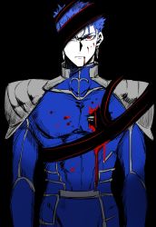 Rule 34 | 1boy, armor, black background, blood, blood from mouth, blue bodysuit, blue hair, bodysuit, closed mouth, commentary request, cu chulainn (fate), earrings, fate/stay night, fate (series), highres, holy grail (fate), jewelry, cu chulainn (fate/stay night), limited palette, looking at viewer, male focus, red eyes, shoulder armor, slit pupils, solo, pauldrons, standing, takashi (onikukku)