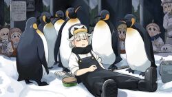 Rule 34 | 6+girls, :o, bird, black eyes, black footwear, black hair, black overalls, blonde hair, blue scarf, bow, bowtie, bucket, closed eyes, diva (hyxpk), double bun, drooling, duck, emperor penguin, fish bone, food, frown, grey hair, hair bun, hat, highres, ice cream, mouth drool, multiple girls, overalls, pencil, penguin, penguin fan (diva), penguin hat, penguin keeper (diva), pointing, polar bear keeper (diva), poster (object), red bow, red bowtie, red overalls, scarf, seal puppet, shirt, short hair, sleeping, survey girl (diva), white shirt, yellow eyes, zookeepers (diva)