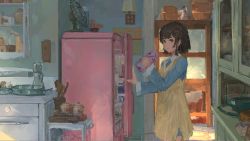 Rule 34 | 1girl, blue shirt, bowl, brown hair, electric fan, glass, highres, kitchen, lamp, looking at viewer, original, refrigerator, shirt, short hair, sketch, solo, stove, xilmo