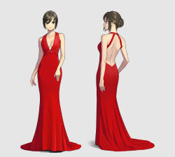 Rule 34 | 1girl, akira ferrari, aria (manga), ayame310, backless dress, backless outfit, bare shoulders, braid, braided bun, breasts, brown eyes, brown hair, cleavage, dress, evening gown, from side, grey background, hair bun, highres, long dress, looking at viewer, medium breasts, multiple views, no bra, plunging neckline, red dress, short hair, shoulder blades, simple background, single hair bun, sleeveless, sleeveless dress, smile, smirk, turnaround
