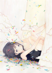 Rule 34 | 1girl, bare arms, bare legs, bead necklace, beads, black eyes, black hair, black shirt, breasts, closed mouth, cloud, confetti, curtains, highres, inoue haruka (haruharu210), jewelry, looking at viewer, lying, medium hair, necklace, on back, on floor, original, shirt, sideways glance, skinny, sleeveless, sleeveless shirt, small breasts, solo, star (symbol), traditional media, yellow background