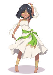 Rule 34 | 1girl, anklet, arm up, bare shoulders, barefoot, blush, breasts, dancer, dark-skinned female, dark skin, dress, earrings, egyptian clothes, forehead jewel, full body, jewelry, looking at viewer, midriff, navel, open mouth, original, sasaame, simple background, small breasts, solo, white background, yellow eyes