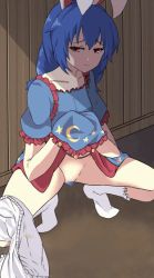 Rule 34 | 1girl, animal ears, animated, animated gif, bloomers, unworn bloomers, blue dress, blue hair, blush, bottomless, clothes lift, dress, dress lift, ekitai chisso, female pubic hair, long hair, pee stain, peeing, pubic hair, rabbit ears, red eyes, seiran (touhou), solo, squatting, touhou, underwear