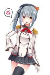 Rule 34 | 1girl, anger vein, bad id, bad pixiv id, beret, black thighhighs, brown eyes, commentary request, cosplay, cowboy shot, epaulettes, frilled sleeves, frills, gloves, grey hair, hand on own hip, hat, highres, kantai collection, kashima (kancolle), kashima (kancolle) (cosplay), kasumi (kancolle), kerchief, long sleeves, looking at viewer, masayo (gin no ame), military, military uniform, miniskirt, open mouth, side ponytail, simple background, single thighhigh, skirt, solo, spoken anger vein, thighhighs, tsurime, uniform, white background, white gloves, zettai ryouiki