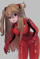 Rule 34 | 1girl, 2023, artist request, blue eyes, bodysuit, breasts, brown hair, dated, hair between eyes, highres, interface headset, legs apart, lips, long hair, looking to the side, medium breasts, neon genesis evangelion, pilot suit, plugsuit, red bodysuit, red headwear, shiny clothes, simple background, smile, solo, souryuu asuka langley, standing, twintails, two side up, very long hair
