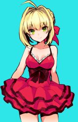 Rule 34 | 10s, 1girl, ahoge, bare shoulders, blonde hair, dress, fate/extra, fate/extra ccc, fate (series), fujisaki (hjsk), green eyes, hair ribbon, nero claudius (fate), nero claudius (fate) (all), nero claudius (fate/extra), official alternate costume, ribbon, smile, solo