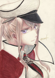Rule 34 | anchor, beige background, blonde hair, breasts, capelet, celtic knot, commentary request, graf zeppelin (kancolle), hair between eyes, hat, high ponytail, highres, jacket, kantai collection, large breasts, military, military hat, military uniform, millipen (medium), necktie, peaked cap, portrait, purple eyes, sidelocks, solo, tesun (g noh), traditional media, twintails, uniform, watercolor pencil (medium), white hat