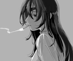 Rule 34 | 1girl, ajo cnsw, black hair, chainsaw man, cigarette, eyepatch, grey background, greyscale, himeno (chainsaw man), long hair, looking to the side, monochrome, simple background, smoke, smoking, solo