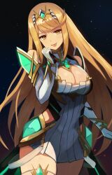 Rule 34 | 1girl, :p, black thighhighs, blonde hair, breasts, circlet, cleavage, cleavage cutout, closed mouth, clothing cutout, core crystal (xenoblade), cowboy shot, dress, elbow gloves, gloves, highres, labebebe lee, large breasts, long hair, looking at viewer, mythra (xenoblade), simple background, smile, solo, swept bangs, thigh strap, thighhighs, tongue, tongue out, very long hair, white dress, white gloves, xenoblade chronicles (series), xenoblade chronicles 2, yellow eyes
