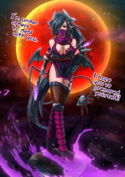 Rule 34 | 1girl, absurdres, aura, black hair, breast tattoo, demon girl, energy, fire, full body, full moon, glowing, glowing weapon, hair over one eye, hard-translated, highres, katana, kunai, kunoichi (monster girl encyclopedia), loincloth, long hair, mask, monster girl, monster girl encyclopedia, moon, mouth mask, ninja, pointy ears, ponytail, purple fire, red moon, sandals, scarf, solo, sud (sudea), sword, tail, tattoo, third-party edit, translated, weapon, wings