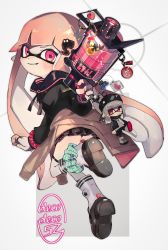 Rule 34 | .52 gal (splatoon), 1girl, ankle scrunchie, bad id, bad pixiv id, bead bracelet, beads, beanie, black hat, black jacket, black ribbon, black scarf, black shirt, black shorts, black skirt, blouse, blunt bangs, blush, bracelet, brown footwear, candy, character doll, cigarette, clothes around waist, commentary, double horizontal stripe, earrings, emblem, english text, fang, food, from side, full body, golden egg, green scrunchie, grey footwear, grey hair, grey shirt, grin, hair ornament, hat, heart, heart-shaped pupils, highres, holding, holding weapon, inkling, inkling (language), inkling girl, inkling player character, jacket, jellyfish (splatoon), jewelry, leaning forward, leg up, letter, light blush, loafers, logo, lollipop, long hair, long sleeves, looking at viewer, looking back, miniskirt, neck ribbon, nintendo, octoshot (splatoon), open clothes, open jacket, pink eyes, pink hair, pleated skirt, pointy ears, print socks, red eyes, ribbon, ring, sailor collar, salmonid, scarf, scrunchie, shirt, shoes, shorts, skin fang, skirt, smile, socks, solo, splatoon (series), splatoon 2, squid, standing, standing on one leg, symbol-shaped pupils, tentacle hair, thighlet, unitoon, weapon, white socks