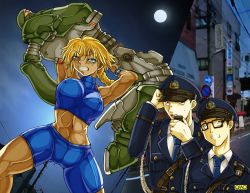 Rule 34 | 1girl, 2boys, abs, armpits, arms up, bike shorts, black hair, blonde hair, blue eyes, braid, breasts, city, clenched teeth, covered erect nipples, giant, giantess, glasses, hat, holding, large breasts, mecha, midriff, moon, multiple boys, muscular, necktie, night, omc, peaked cap, photo background, police, police uniform, policeman, robot, sky, teeth, turtleneck, type43, uniform, wristband