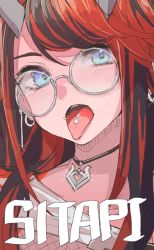 Rule 34 | 1girl, black hair, blue eyes, blush, commentary request, demon girl, demon horns, earrings, face, fishnet top, fishnets, glasses, goten (510gensoku), grey-framed eyewear, horns, jacket, jewelry, long hair, looking to the side, multicolored hair, nanashi inc., necklace, official alternate costume, open mouth, piercing, pointy ears, red hair, round eyewear, ryugasaki rene, ryugasaki rene (2nd costume), shrug (clothing), single sleeve, solo, striped clothes, striped jacket, sugar lyric, tongue, tongue out, tongue piercing, two-tone hair, virtual youtuber, white jacket
