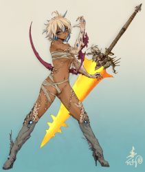 Rule 34 | 1girl, absurdres, bandages, blue background, blue eyes, borrowed character, breasts, commission, contrapposto, dark-skinned female, dark skin, female focus, fighting stance, freckles, full body, glowing, glowing weapon, gradient background, greatsword, high heels, highres, legs apart, looking at viewer, megrim haruyo, multicolored hair, mutant, naked bandage, navel, open mouth, original, small breasts, solo, standing, streaked hair, sword, weapon