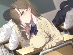Rule 34 | 1girl, blush, bow, bowtie, breasts, brown hair, cardigan, chair, classroom, desk, dutch angle, go-1, grin, highres, indoors, long hair, looking at viewer, looking back, medium breasts, multiple boys, multiple girls, original, people, school chair, school desk, school uniform, sitting, smile, solo focus, straight hair, striped bow, striped bowtie, striped clothes, upper body, yellow cardigan