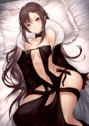 Rule 34 | 1girl, bare shoulders, black dress, black jacket, breasts, brown hair, center opening, choker, cleavage, closed mouth, collarbone, dress, fate/grand order, fate (series), fur-trimmed jacket, fur collar, fur trim, hair between eyes, hip focus, jacket, kyoeiki, long hair, long sleeves, looking at viewer, medium breasts, navel, on bed, open clothes, open jacket, pillow, red eyes, solo, thighs, very long hair, yu mei-ren (fate)
