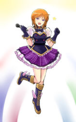 Rule 34 | 1girl, :d, black gloves, blue footwear, boots, braid, brown hair, bustier, gacha-m, gloves, gundam, gundam zz, holding, holding microphone, idol, knee boots, layered skirt, looking at viewer, microphone, miniskirt, open mouth, plaid, plaid skirt, purple eyes, purple skirt, puru eight, shirt, short hair, short sleeves, single braid, skirt, smile, solo, standing, standing on one leg, star (symbol), white background, white shirt