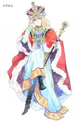 Rule 34 | agahari, agnes (lost technology), androgynous, aqua robe, black footwear, blonde hair, blue eyes, boots, cape, character request, crossed legs, crown, frown, full body, fur-trimmed cape, fur trim, gem, gender request, hand up, head rest, head tilt, holding, holding staff, invisible chair, king, long hair, long sleeves, looking at viewer, lost technology, non-web source, red cape, robe, royal robe, simple background, sitting, solo, staff, standing, white background