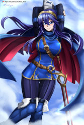 Rule 34 | 1girl, absurdres, alternate breast size, armband, arms up, artist name, belt, blue background, blue cape, blue eyes, blue footwear, blue hair, blue pants, blue shirt, blue tunic, blush, boots, breasts, cape, circlet, closed mouth, dutch angle, falchion (fire emblem), female focus, fire emblem, fire emblem awakening, hair between eyes, happy, highres, knee boots, knees together feet apart, large breasts, long hair, long sleeves, looking at viewer, lucina (fire emblem), matching hair/eyes, nintendo, pants, patreon logo, patreon username, red lining, sheath, sheathed, shirt, signature, smile, solo, standing, sword, thigh gap, vilde loh hocen, watermark, weapon, web address, wrist cuffs