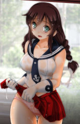 Rule 34 | 10s, 1girl, anchor symbol, braid, breasts, brown hair, collarbone, gloves, green eyes, kantai collection, keito (keito-ya), large breasts, long hair, looking at viewer, necktie, noshiro (kancolle), open mouth, panties, pink panties, pleated skirt, red skirt, school uniform, see-through, see-through silhouette, serafuku, skirt, solo, thigh gap, twin braids, underwear, wet, white gloves