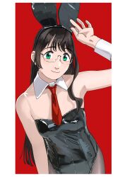 Rule 34 | 1girl, alternate costume, animal ears, aqua eyes, bare shoulders, black hair, black leotard, black pantyhose, border, breasts, commentary request, detached collar, fake animal ears, hand up, highleg, highleg leotard, highres, kantai collection, leotard, looking at viewer, necktie, ojipon, ooyodo (kancolle), pantyhose, playboy bunny, red background, red necktie, semi-rimless eyewear, simple background, small breasts, solo, upper body, white border, wrist cuffs