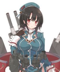 Rule 34 | 10s, 1girl, ascot, beret, black gloves, black hair, blush, breasts, chain, gloves, hat, highres, kagerou (shadowmage), kantai collection, large breasts, long sleeves, looking at viewer, machinery, military, military uniform, red eyes, short hair, solo, takao (kancolle), turret, uniform, upper body, white background, wrist cuffs