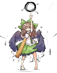 1girl barefoot black_wings bow brown_hair green_skirt hair_bow highres looking_at_viewer pointing pointing_up primsla red_eyes reiuji_utsuho simple_background skirt solo touhou white_background wings