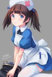 Rule 34 | 1girl, alternate costume, apron, arm support, artist name, bag, black ribbon, blue dress, blue eyes, blue ribbon, brave witches, brown hair, collared dress, cross, dress, georgette lemare, grey background, hair ribbon, haruhata mutsuki, hat, leaning forward, looking at viewer, neck ribbon, nurse, nurse cap, puffy short sleeves, puffy sleeves, red cross, ribbon, satchel, short dress, short sleeves, signature, sitting, solo, thighhighs, twintails, twitter username, white hat, white thighhighs, world witches series