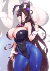Rule 34 | 1girl, amamiya (abaros), animal ears, bare shoulders, blue pantyhose, breasts, brown hair, cleavage, commentary request, double bun, fake animal ears, fate/grand order, fate (series), hair bun, hair ornament, highleg, highleg leotard, highres, huge breasts, jpeg artifacts, leotard, long hair, looking at viewer, murasaki shikibu (fate), open mouth, pantyhose, playboy bunny, purple eyes, rabbit ears, revision, solo, strapless, strapless leotard, very long hair, wrist cuffs, zoom layer