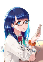 Rule 34 | 1girl, bespectacled, blue eyes, blue hair, bow, bowtie, brown-framed eyewear, cardigan, commentary request, earphones, from side, ge xi, glasses, gloves, gridman universe, highres, holding, long hair, long sleeves, looking at viewer, looking to the side, parted lips, red bow, red bowtie, school uniform, scrunchie, signature, simple background, smile, solo, ssss.gridman, table, takarada rikka, upper body, white background, white cardigan, wrist scrunchie