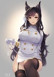 Rule 34 | 1girl, :d, aiguillette, animal ears, arm at side, atago (azur lane), azur lane, black hair, black thighhighs, breasts, brown eyes, brown footwear, buttons, commentary request, cowboy shot, epaulettes, eyelashes, garter straps, gloves, gradient background, hair ornament, hair ribbon, half-closed eyes, hand up, hazuki gean, highres, large breasts, legs together, long hair, long sleeves, looking at viewer, military, military uniform, miniskirt, mole, mole under eye, open mouth, panties, pencil skirt, pulled by self, ribbon, side-tie panties, side slit, signature, simple background, sitting, skindentation, skirt, smile, solo, strap pull, swept bangs, tareme, thighhighs, turtleneck, underwear, uniform, untied panties, very long hair, white gloves, white ribbon, white skirt, wide hips, yellow eyes