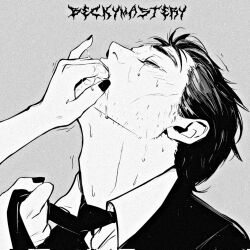 Rule 34 | 1boy, 1girl, artist name, beckymastery, black nails, closed eyes, commentary, english commentary, femdom, finger in another&#039;s mouth, finger sucking, from side, grey background, greyscale, hetero, highres, male focus, monochrome, necktie, necktie grab, neckwear grab, original, out of frame, portrait, saliva, short hair, simple background, solo focus, sweat, tearing up