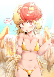 Rule 34 | 1girl, absurdres, alcohol, alternate costume, animal, animal on head, beer, beer mug, bikini, bird, bird on head, bird tail, bird wings, blonde hair, blush, breasts, breasts squeezed together, chick, commentary request, cup, gold bikini, groin, highres, looking at viewer, medium bangs, medium breasts, medium hair, mug, multicolored hair, navel, niwatari kutaka, on head, open mouth, red eyes, red hair, shika miso, solo, spoken blush, star-shaped eyewear, star (symbol), sunglasses, sweat, swimsuit, tail, touhou, two-tone hair, upper body, wings, yellow wings
