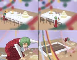 Rule 34 | 1girl, cake, chair, crying, female focus, food, green hair, hat, kazami yuuka, kyojin no hoshi, lonely, pakira, parody, party hat, plate, solo, table, tablecloth, tears, touhou