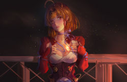 Rule 34 | 10s, 1girl, antenna hair, armor, bad id, bad pixiv id, blue ribbon, blush, bow, brown eyes, brown hair, choker, circlet, collarbone, corset, head tilt, headpiece, hei e-, highres, injury, koutetsujou no kabaneri, light particles, looking to the side, mumei (kabaneri), night, open clothes, parted lips, puffy sleeves, railing, ribbon, ribbon choker, short hair, smoke, solo, spoilers, topknot, upper body, vambraces
