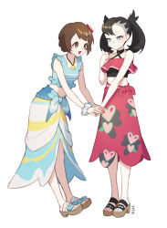 Rule 34 | 2girls, bare arms, black choker, black hair, blue shirt, blush, brown hair, choker, closed mouth, collarbone, commentary request, creatures (company), eyelashes, flower, game freak, gloria (pokemon), gloria (summer 2021) (pokemon), green eyes, hair flower, hair ornament, hand up, holding hands, jewelry, korean commentary, marnie (pokemon), marnie (summer 2021) (pokemon), mongguri, multiple girls, navel, necklace, nintendo, official alternate costume, platform footwear, pokemon, pokemon masters ex, sandals, sarong, shirt, short hair, simple background, sleeveless, sleeveless shirt, toes, twintails, white background