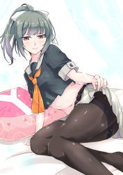 Rule 34 | 1girl, arm support, ass, bed, blush, bow, breasts, clothes lift, commentary request, grey hair, hair bow, hair ribbon, heart, kantai collection, looking at viewer, lying, midriff, mikage takashi, navel, on bed, on side, pantyhose, pillow, pleated skirt, ponytail, ribbon, school uniform, serafuku, short hair, short sleeves, simple background, sitting, skirt, skirt lift, smile, solo, thighband pantyhose, thighs, white ribbon, yes-no pillow, yuubari (kancolle), yuubari kai ni (kancolle)